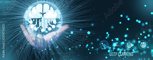 Futuristic deep learning concept featuring neural network AI, digital brain, intelligent automation, predictive analytics and advanced artificial intelligence technology.