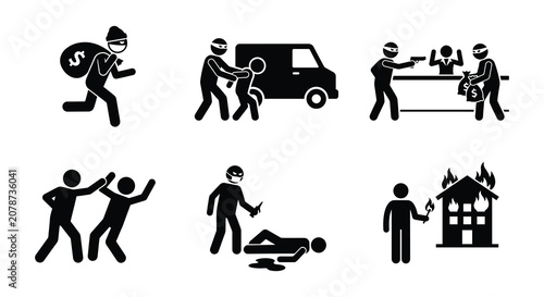 Φωτογραφία Crime Scene Pictograms Robbery Assault And Arson In Flat Vector Style