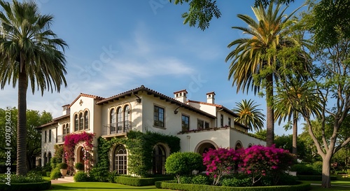 Luxurious Mansion Surrounded by Tall Palm Trees and Vibrant Garden.