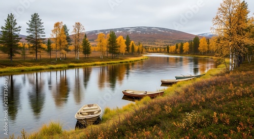 Serene Autumn Landscape with Riverside and Boats.