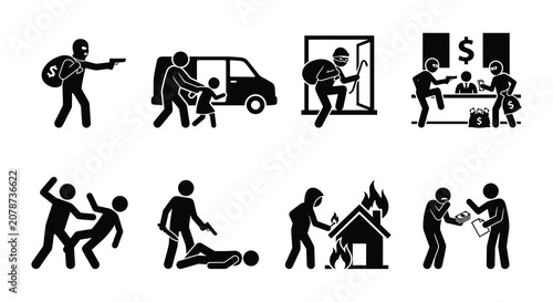 Bild auf Leinwand Crime Scene Pictograms Robbery Assault And Arson In Flat Vector Style