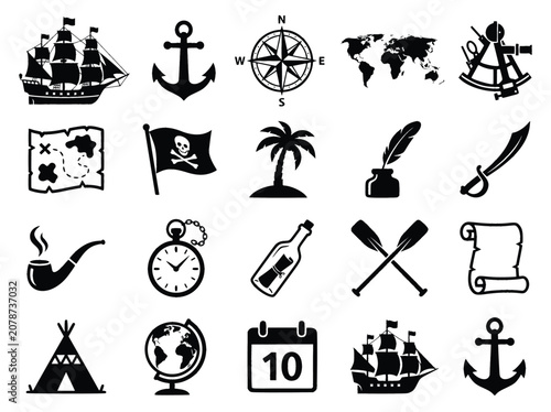 Vintage pirate adventure icons set, nautical exploration symbols and sea voyage elements, black silhouette maritime vector graphics for travel branding