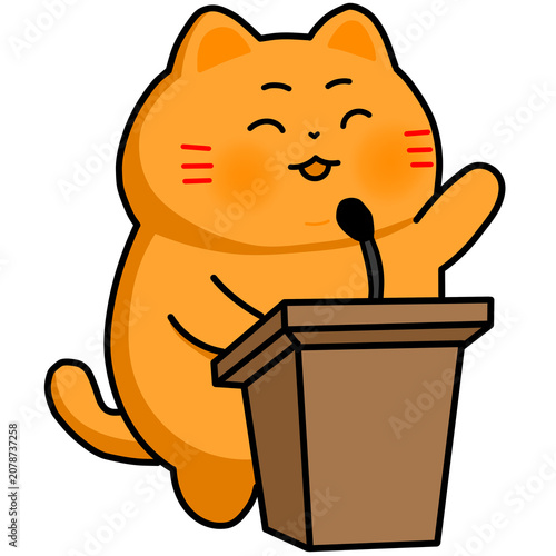 A cute orange cat giving a speech at a wooden podium with a microphone waving paw cartoon illustration isolated