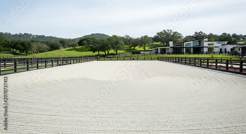 Spacious Outdoor Riding Arena with Fencing and Scenic Background.