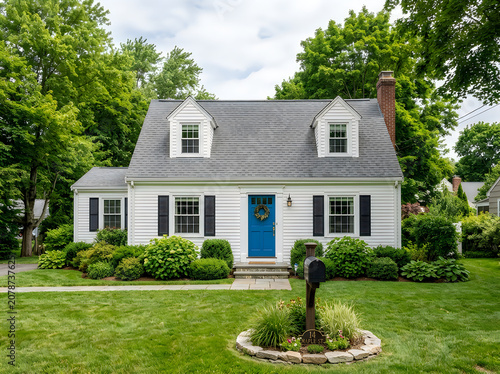 White house with blue door and green lawn and trees