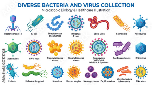 Bild auf Leinwand Diverse collection of microscopic bacteria and viruses for biology