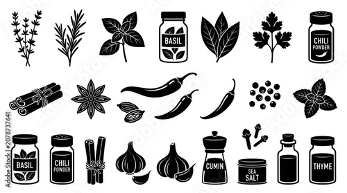 Bild auf Leinwand Spice and herb icons with chili basil cinnamon and garlic