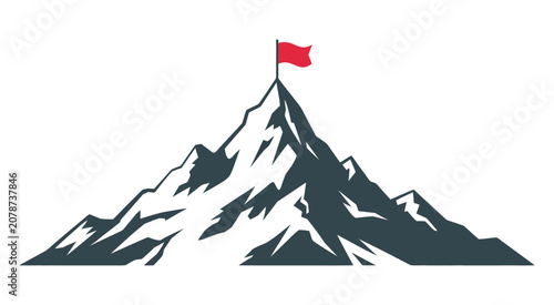 Quadro su tela Mountain Peak with Flag Vector Illustration, Achievement Symbolism, Summit Succe
