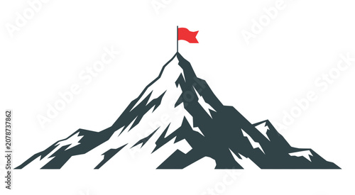 Obraz na płótnie Mountain Peak with Flag Vector Illustration, Goal Achievement Concept, Summit Vi