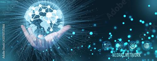 Futuristic neural network concept featuring connected digital brain, artificial intelligence, machine learning, intelligent automation and advanced data analytics technology.