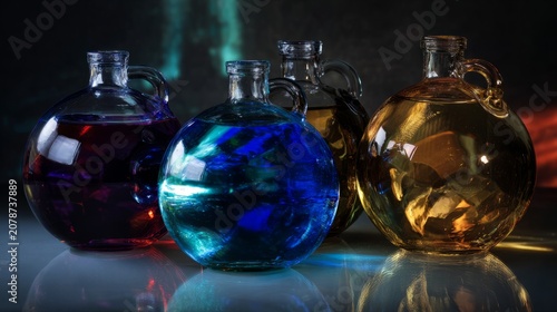 Colorful liquids in round glass demijohns creating light refraction, dark background, crisp details.

