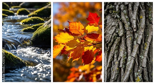 Diverse Nature Scenes Featuring Water Leaves and Tree Bark.