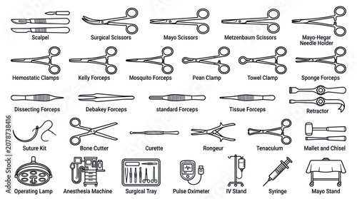 Surgical instruments and operating room equipment icons with labels