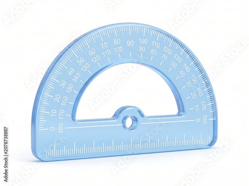 A close-up 3D rendering of a transparent blue protractor with precise angle markings on a white background