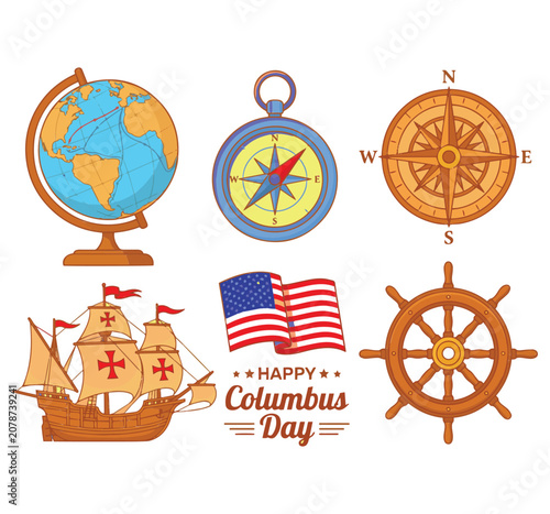 Vintage Columbus Day vector set, nautical exploration icons with sailing ship and globe, antique navigation compass and ship wheel graphics