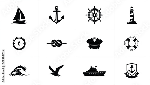 Bilde på lerret Minimalist nautical icons collection showcasing maritime adventure and seafaring