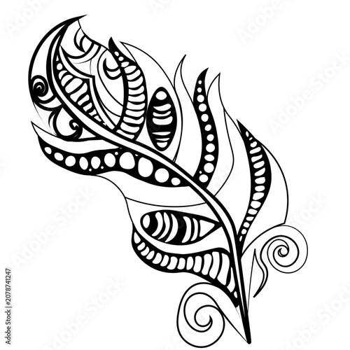  stylized, decorative feather illustration drawn in a bold doodle , mandala art style, bohemian , tribal