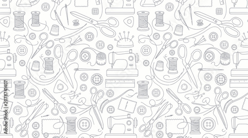 Obraz na płótnie Sewing and tailoring tools seamless pattern with line art icons