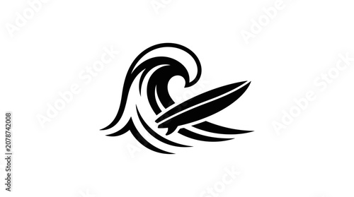 Surfing Wave and Surfboard Icon Silhouette, Extreme Sports and Ocean Adventure
