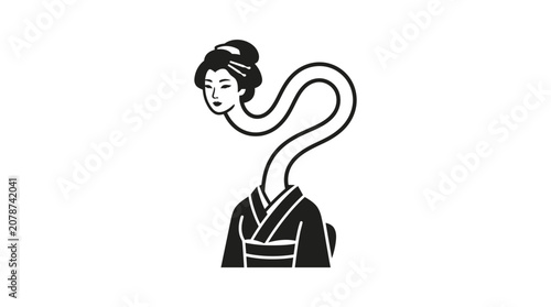 Surreal Japanese Woman with Elongated Neck in Kimono, Black and White Illustration