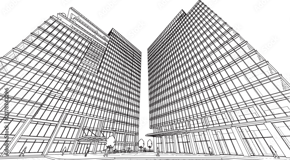 Fototapeta premium Architectural sketch of modern glass office towers with geometric facade design in a clean line art style