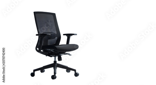 Black office chair with mesh back and armrests on wheels isolated on transparent background for ergonomic workspace