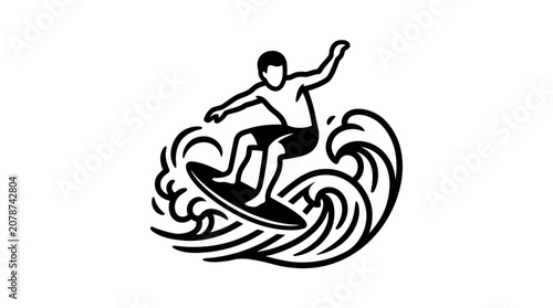 Surfer Riding Wave - Stylized Line Art Icon