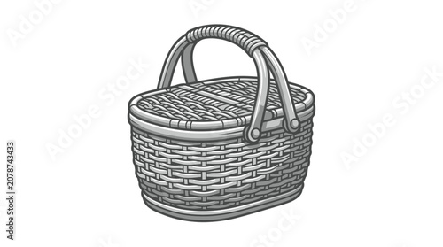 Woven picnic basket with lid and handle in grayscale style