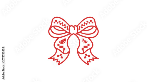 Red decorative picnic bow with checkered pattern and summer icons