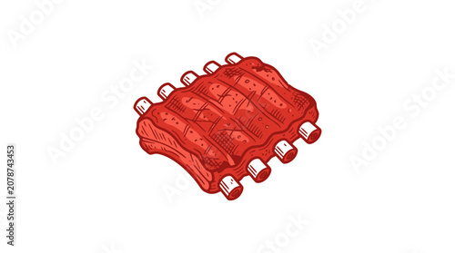 Pork ribs rack with bones in vintage handdrawn style