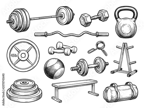 Ink sketch illustration of gym equipment, barbell and dumbbell icons for strength train, isolated on white.