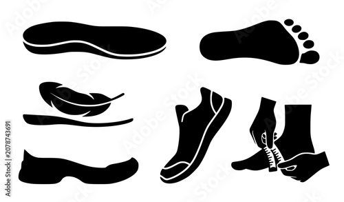 Konstfotografi Footwear ergonomics and orthopedic icon set featuring shoe sole footprint feathe