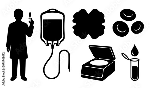 Cuadro en lienzo Blood donation and laboratory icon set featuring doctor silhouette iv bag red bl