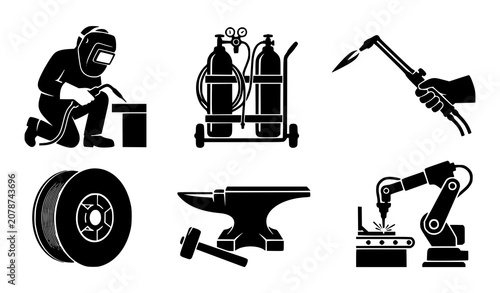 Bild auf Leinwand Welding and metal fabrication icon set featuring welder gas cylinders blowtorch