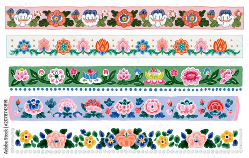 Pastel modern traditional Korean Minhwa floral seamless border pattern vector set