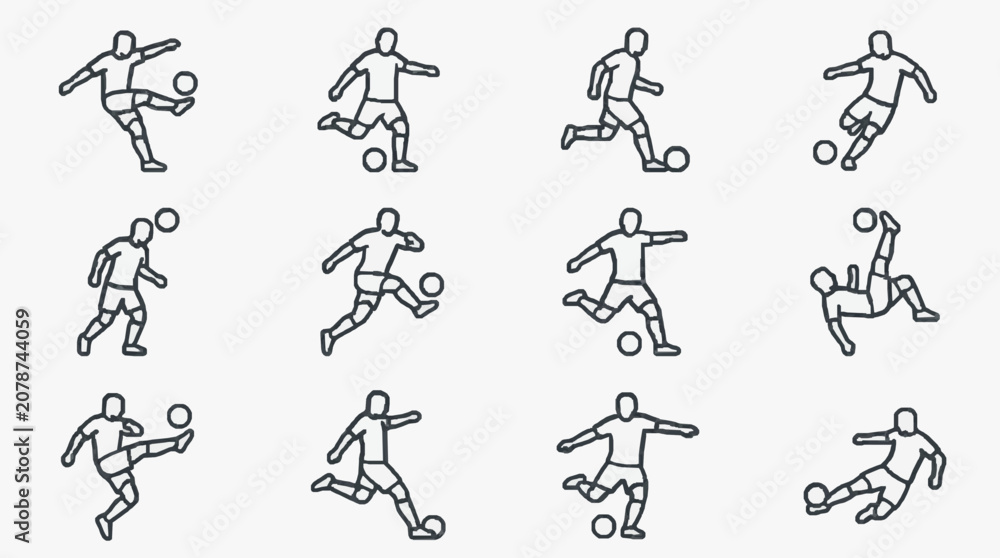 Fototapeta premium Creative Black and White Line Drawing Illustrations of Soccer Players in Various Dynamic Actions and Positions
