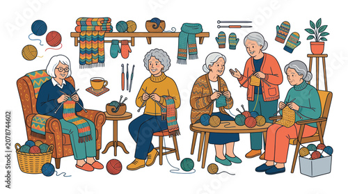 Group of elderly women enjoying a knitting circle hobby activity
