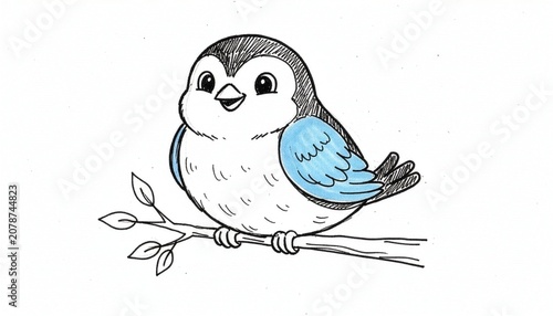 Hand drawn illustration of a cute little bird perched on a tree branch