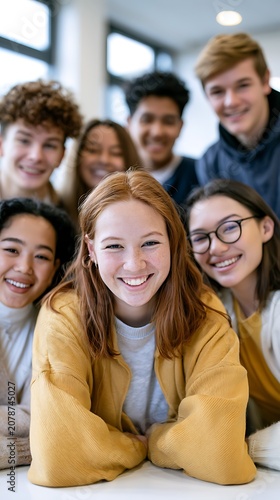 Group of diverse happy young students smiling together at university high school