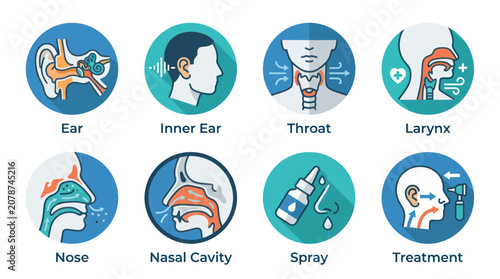 фотографія Otolaryngology icons showing ear nose throat and larynx anatomy