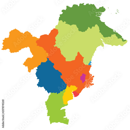 Detailed vector map of East Kalimantan (Kalimantan Timur) province with 11 regencies.