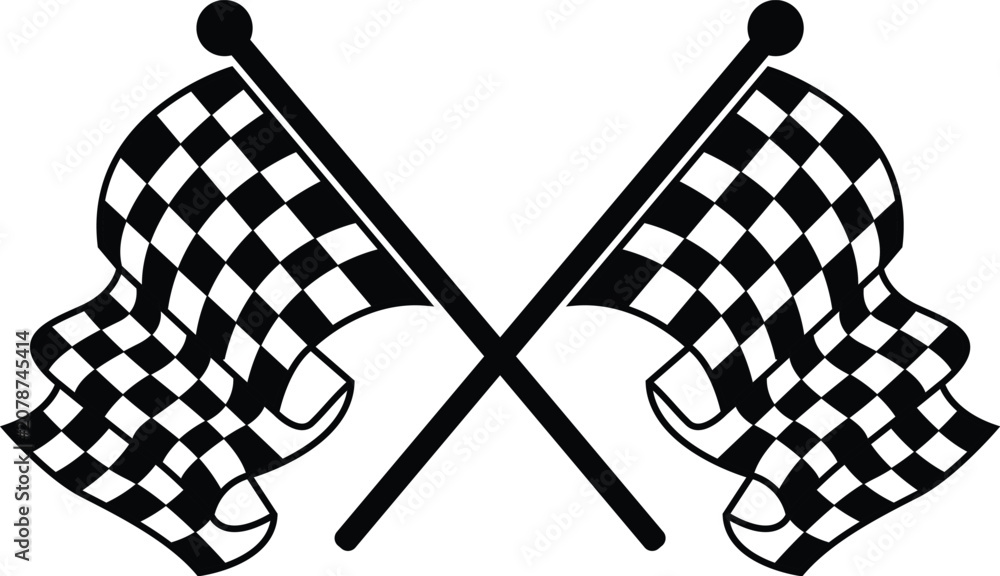 Fototapeta premium Crossed checkered racing flags vector illustration, black and white checkered pattern finish line flags icon isolated on white background Eps Vector File
