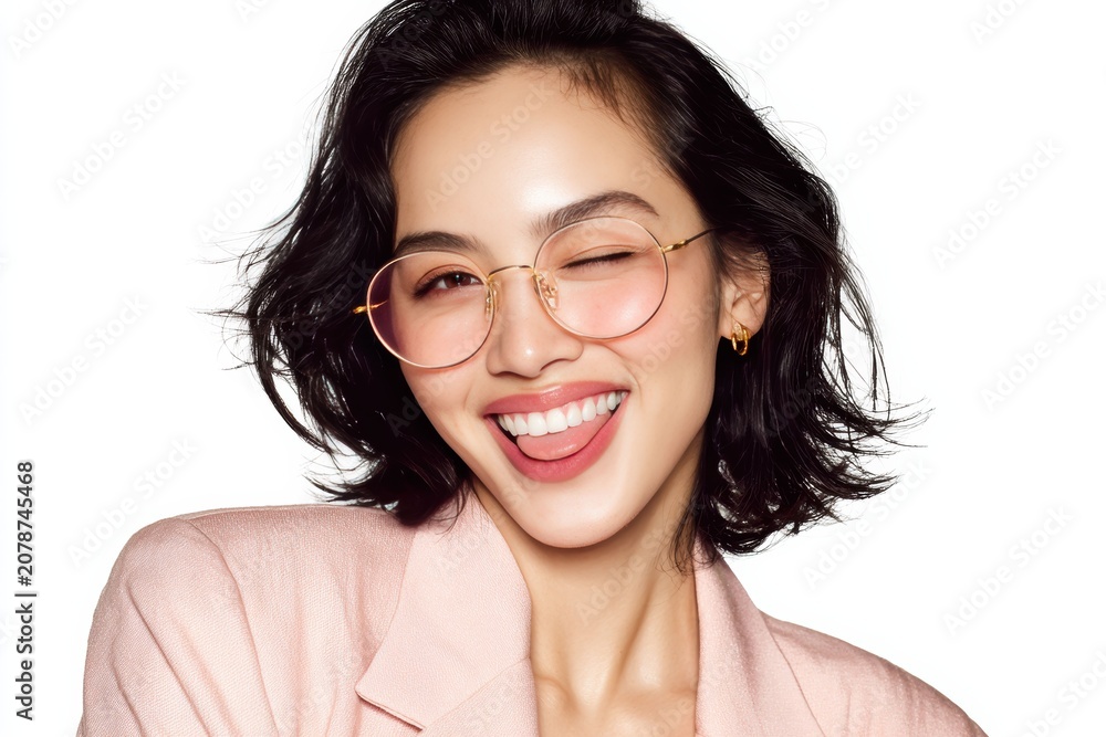 Obraz premium A beautiful woman teases the camera with a cheeky tongue out smile and sparkling eyes. The mix of flirtation and fun captures confidence and allure.