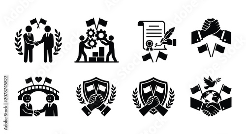Konstfotografi Peace And Diplomacy Icons Black Silhouettes On White Background
