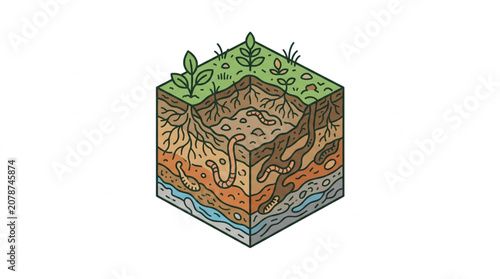 фотографія Cross section of fertile soil with plant roots and earthworms.