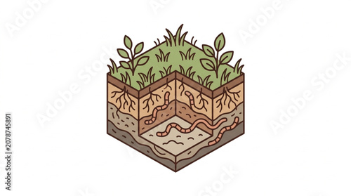 Photos Cross section of soil with plants and earthworm illustration.