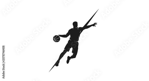 Vászonkép Dynamic silhouette of a male basketball player in mid-air holding a ball, showcasing athletic movement on an isolated white background