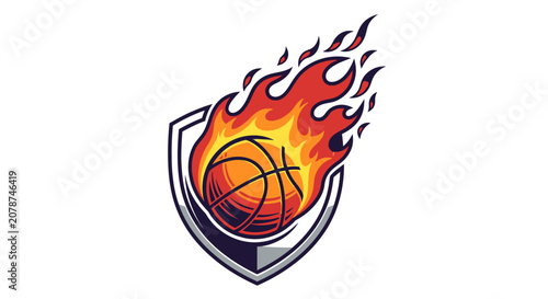 Foto Fiery basketball icon with orange flames encased in a shield emblem, on an isolated white background, symbolizing power and protection