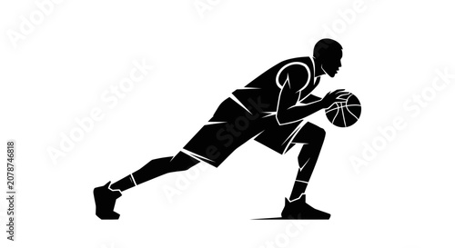 Photos Silhouette of a focused basketball player in defensive squat position, holding ball on isolated white background
