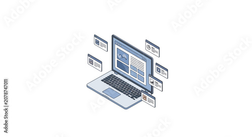 An isometric illustration of a laptop computer with floating digital windows
